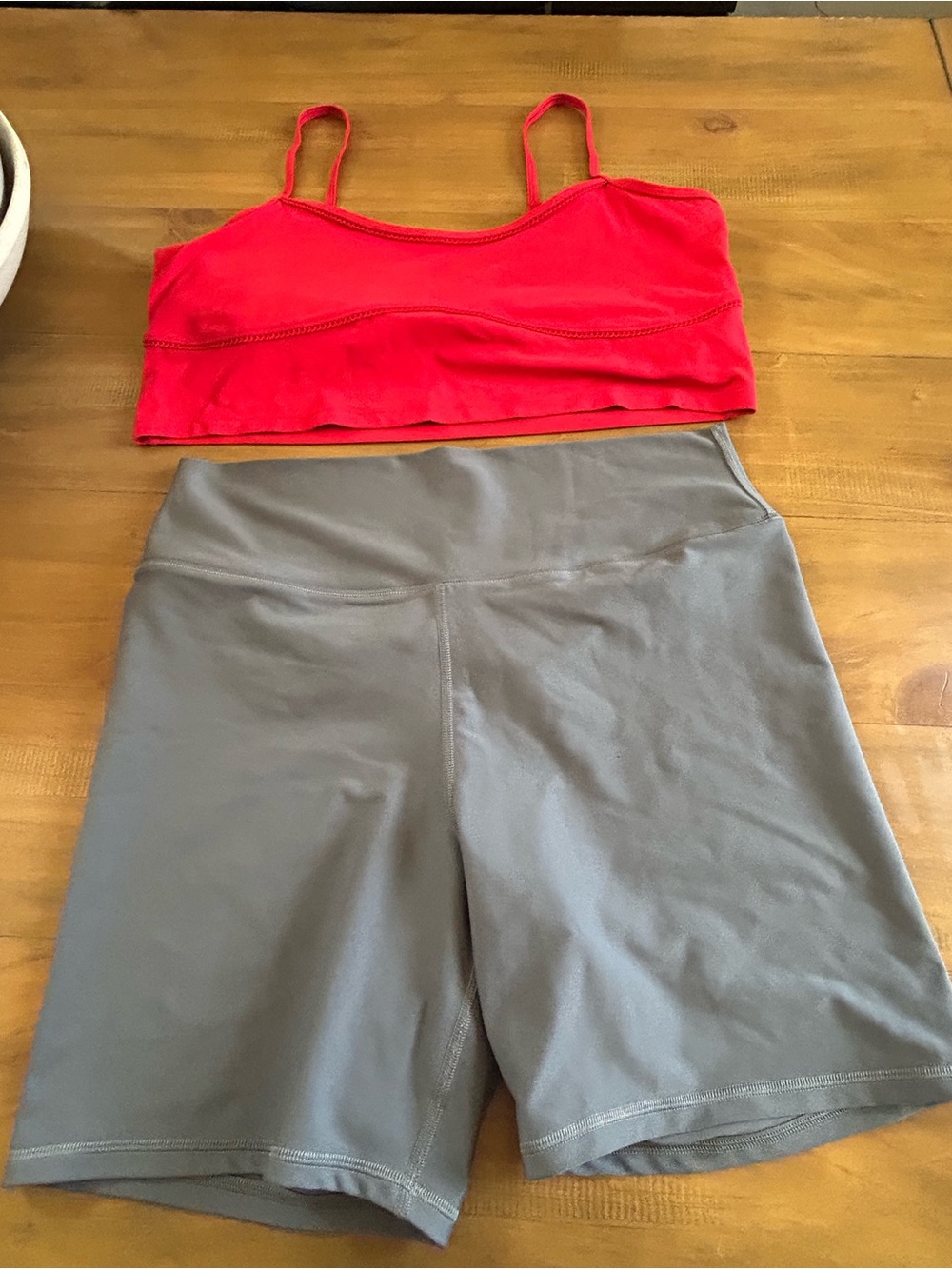 Abercrombie & Fitch Red Sports Bra with Gray Bike Shorts